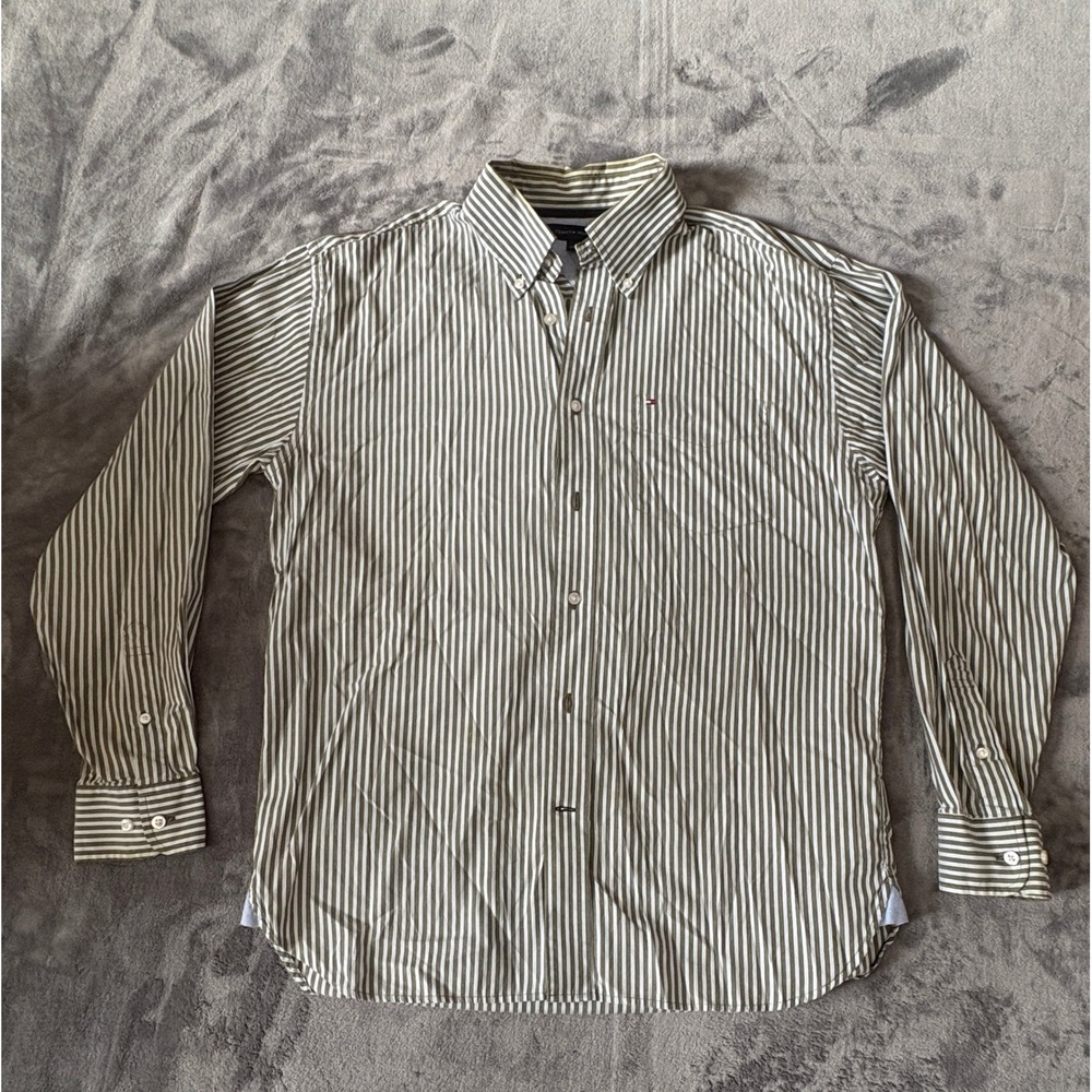 Tommy Hilfiger Mens Striped Button Down Shirt M Olive Green Cotton Long Sleeve